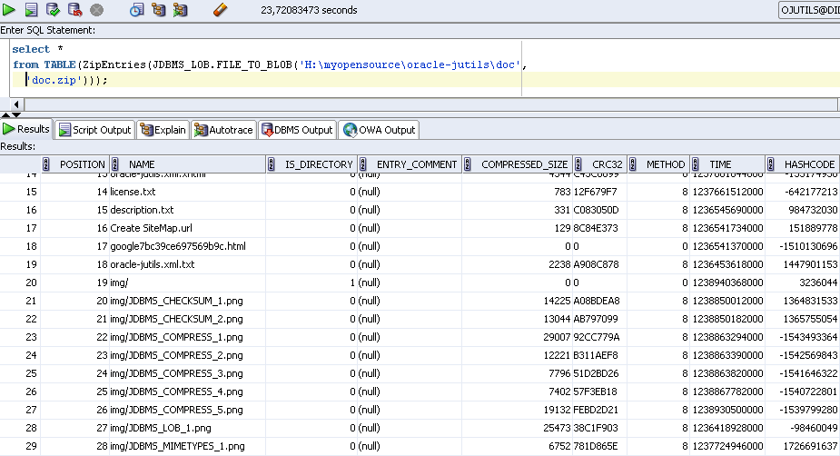 JDBMS_COMPRESS : Test the ZipEntries function to get zip BLOB contents like a table. (6/6)