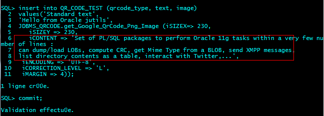 JDBMS_QRCODE : Encode a simple Text into a QrCode from sqlplus and insert it into a test table.