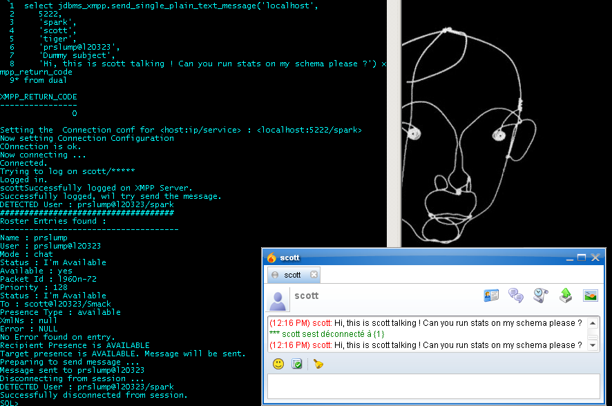 JDBMS_XMPP : scott sending a message to prslump (both locally hosted on my local Openfire) from sqlplus. (2/)